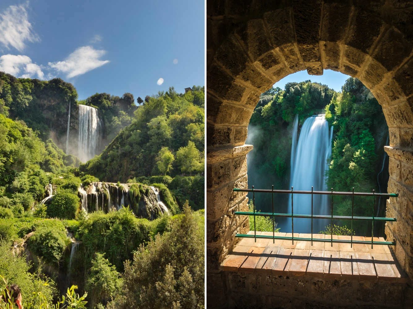 Due vedute della Cascata delle Marmore: il salto completo dal belvedere e lo stesso salto inquadrato attraverso un arco in pietra