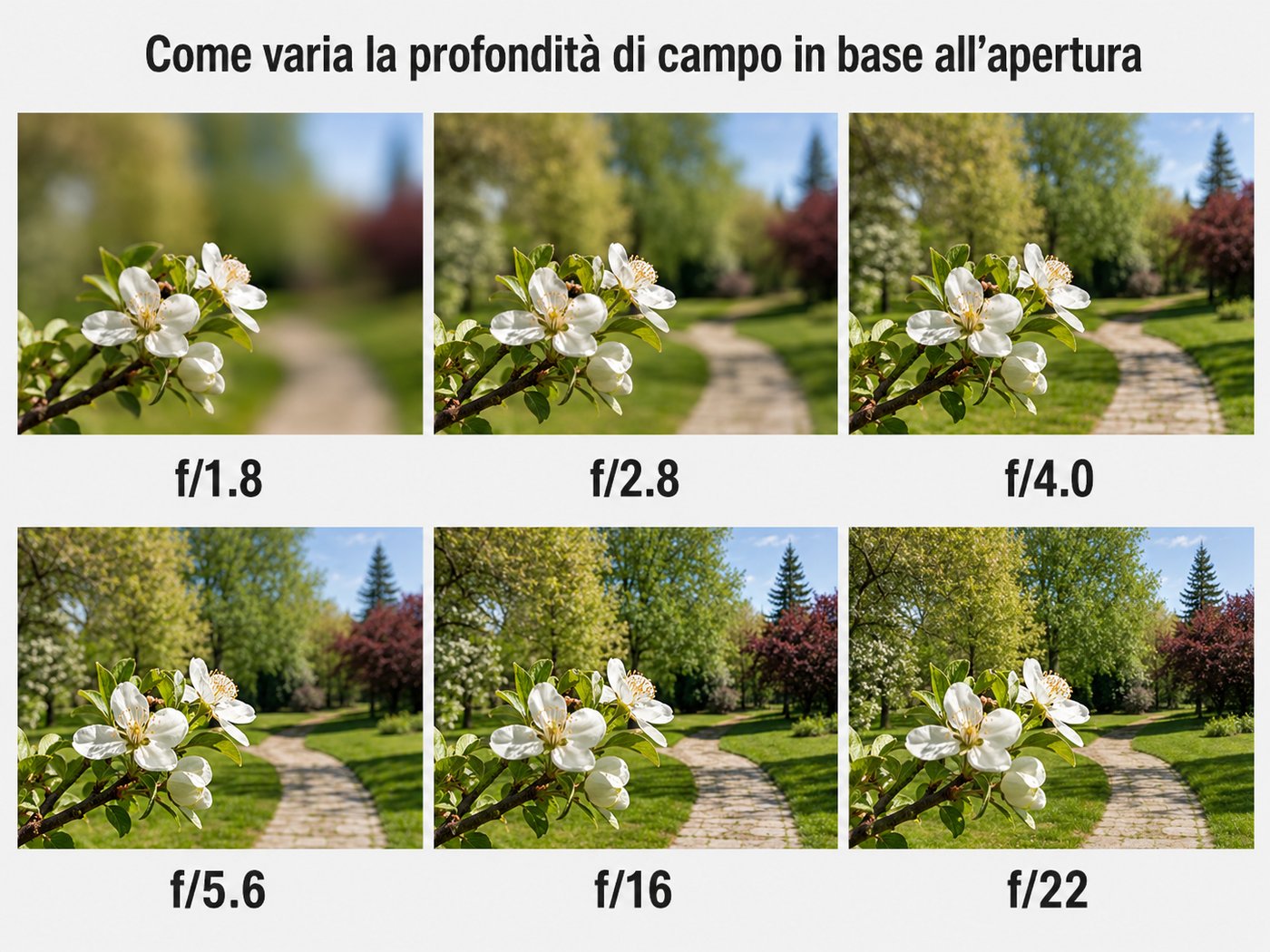 Sei scatti dello stesso soggetto da f/1.8 a f/22: al diaframma aperto lo sfondo è sfocato, chiudendo diventa via via nitido