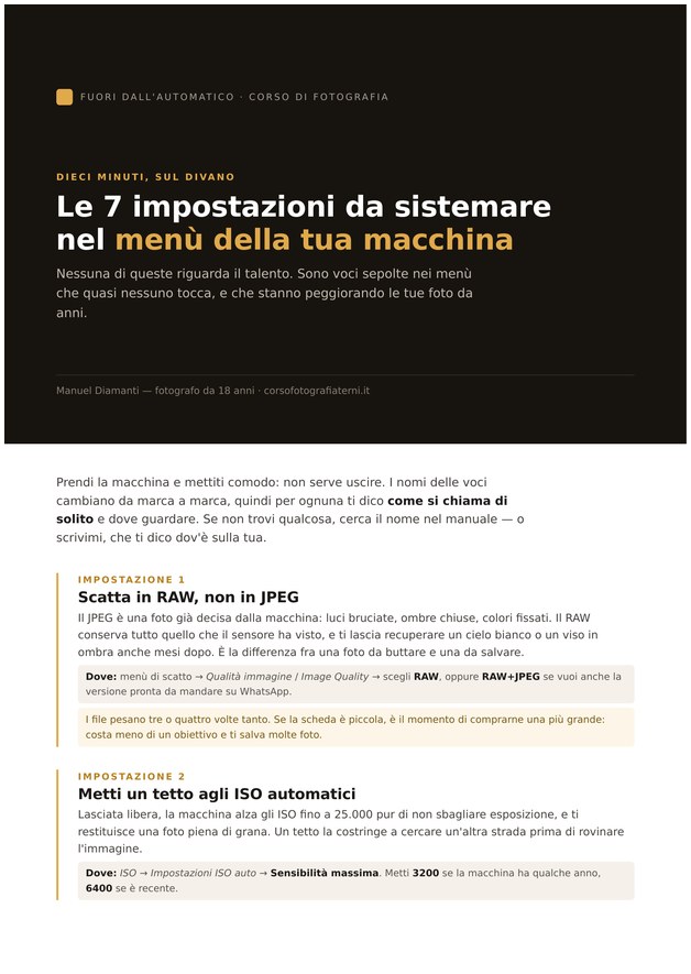 La prima pagina del PDF: le 7 impostazioni da sistemare nel menù della macchina fotografica